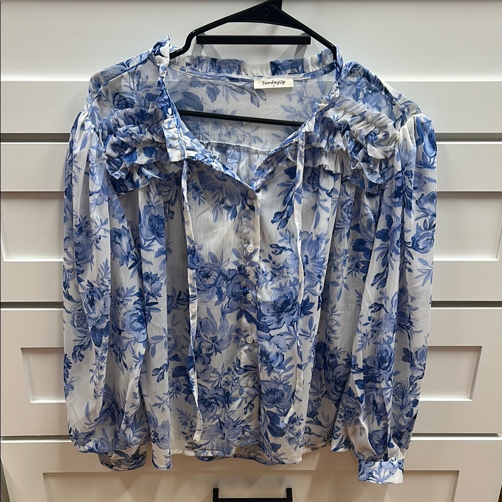 Sunday Blue Ruffled Long Sleeve Blouse